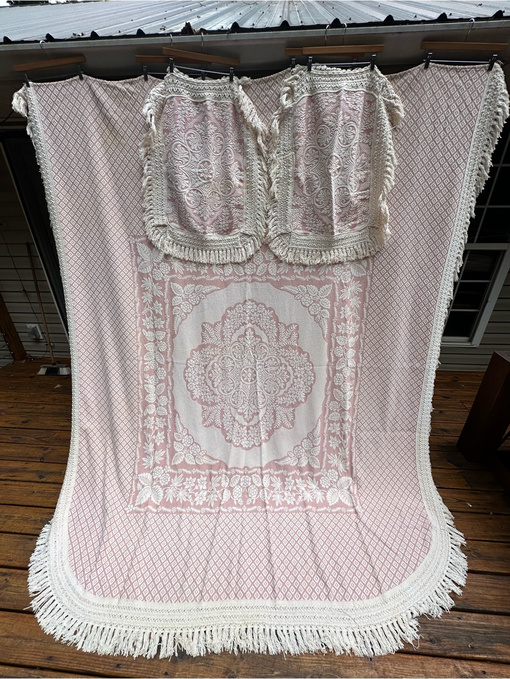 Vintage Cotton Jacquard Fringe Coverlet and Matching Shams